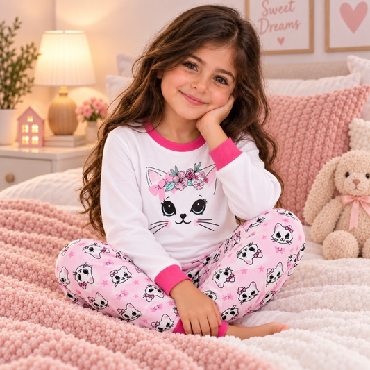 Girls’ 100% Cotton Flower Kitty Pajama Set | 0–8Y