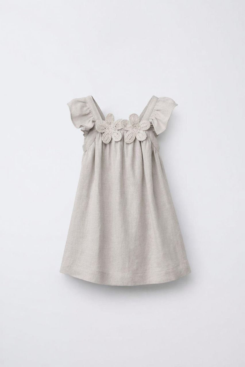 Girls Beige Linen Flower Dress | Size 2-8y