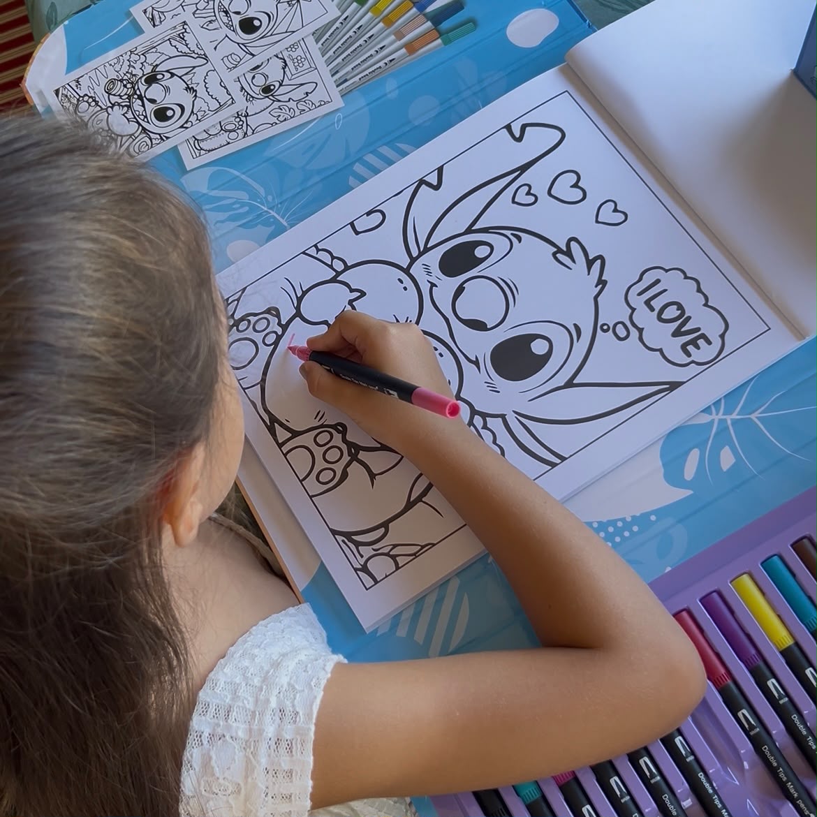 Large Stitch & Angel Coloring Book Set with 15 Double-Ended Markers – 32 Pages