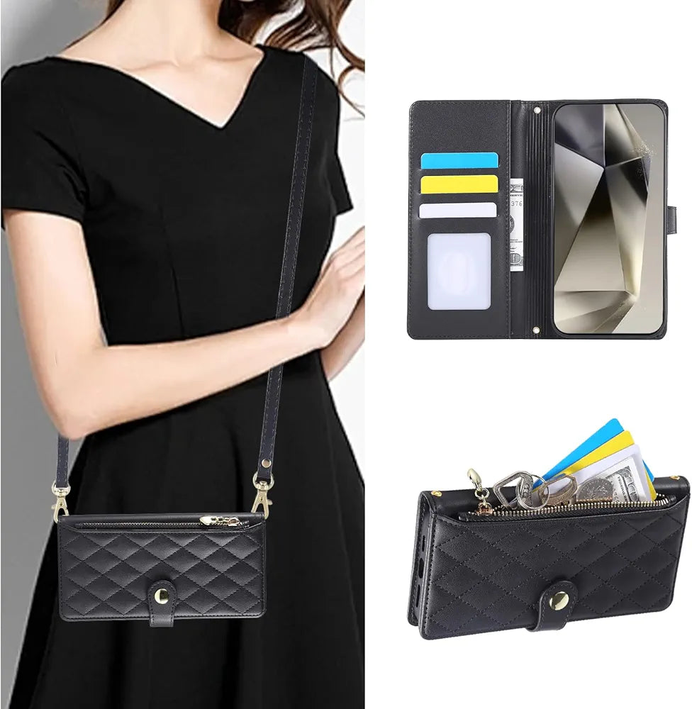 Wallet Case for Samsung Galaxy S24 Ultra | Flip Case - Wrist Strap and Crossbody Long Strap