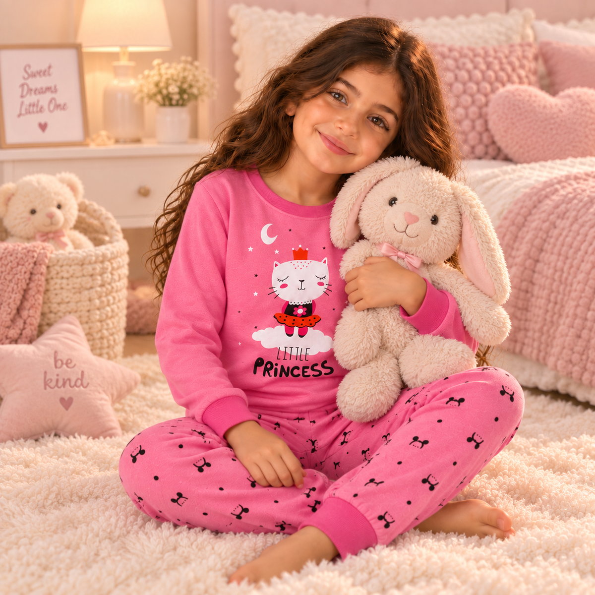 Girls’ 100% Cotton Sweet Cat Pajama Set | 0–8Y