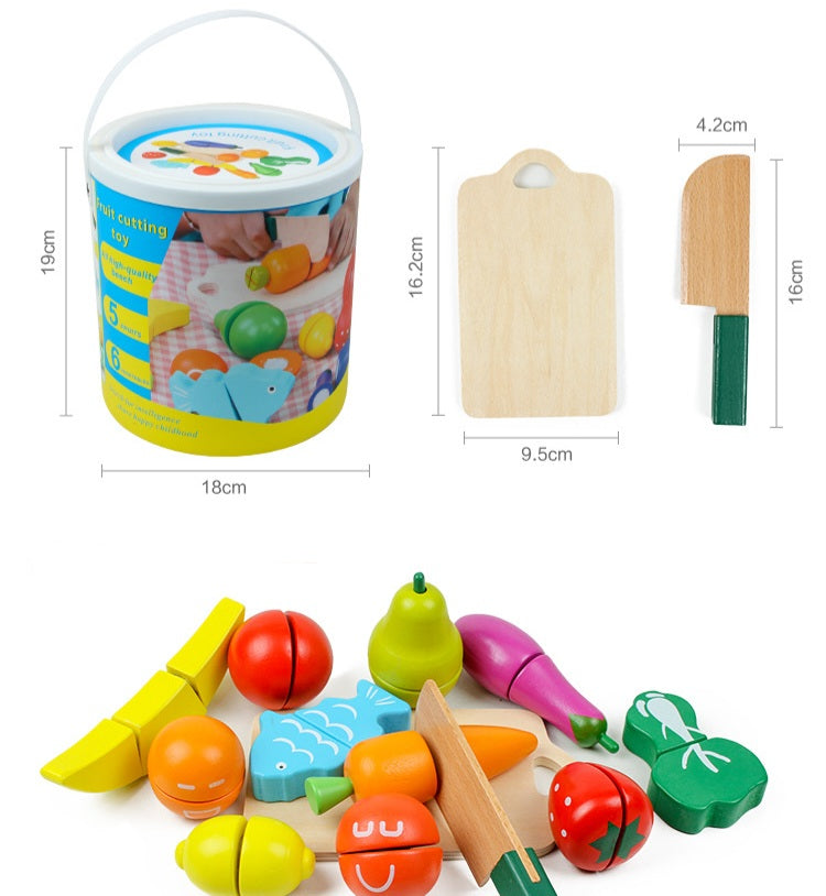Wooden Fruit & Vegetable Cutting Play Set with Storage Bucket | 2+