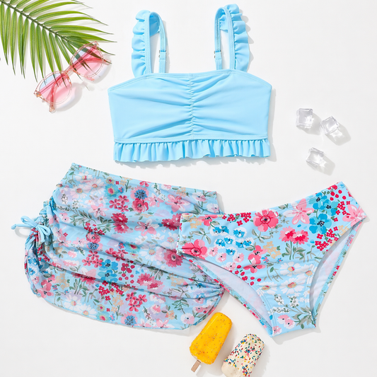 Girls 3pcs Swimwear Set – Flowers | Size 4–7Y