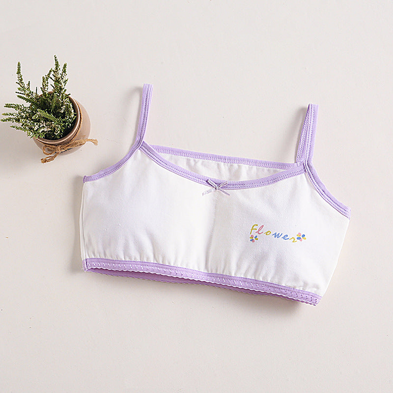 Girls Cotton Bras (4 pcs) – Thin Straps Purple Flower | Size 6–12Y