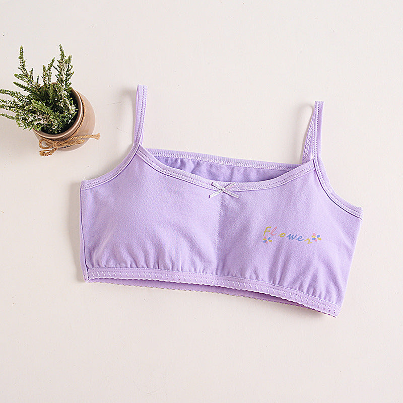 Girls Cotton Bras (4 pcs) – Thin Straps Purple Flower | Size 6–12Y