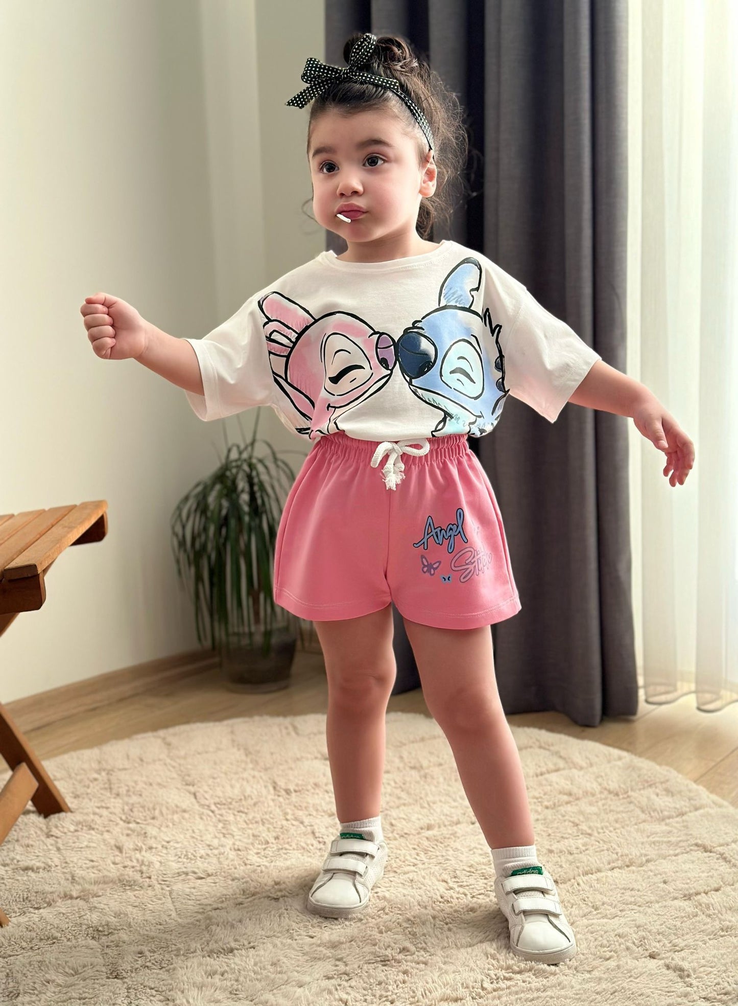Outfit For Girls Stitch Design Blue/Pink Short Size 3-10y