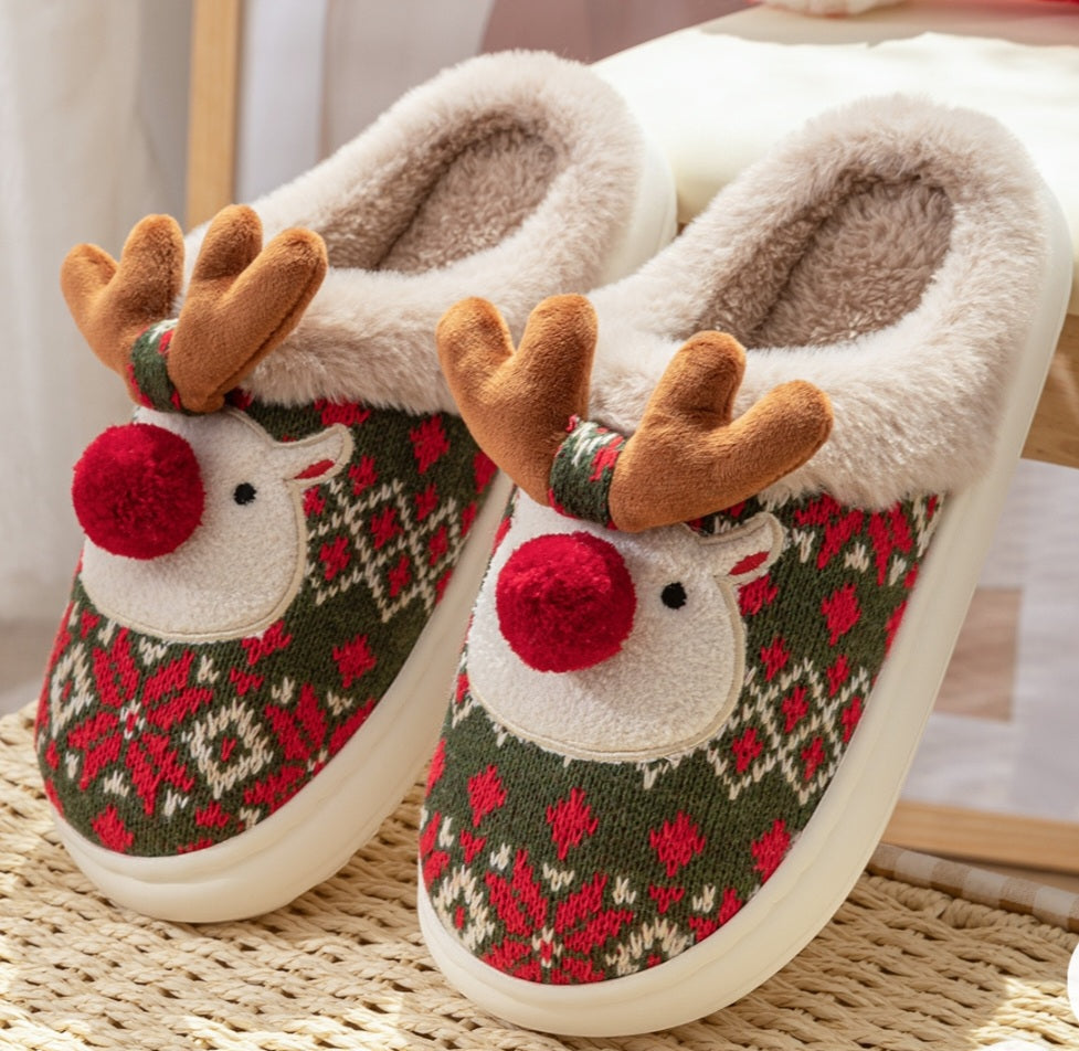 Christmas Reindeer Plush Slippers – Red & Green | 36–43