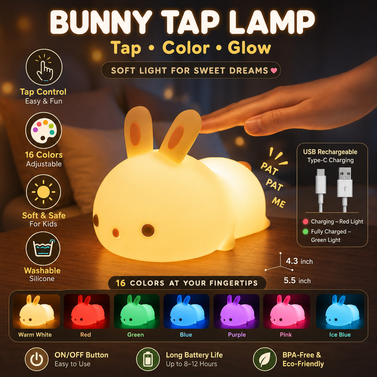 Lovely Bunny Silicone Night Light - Usb Rechargeable | 3+