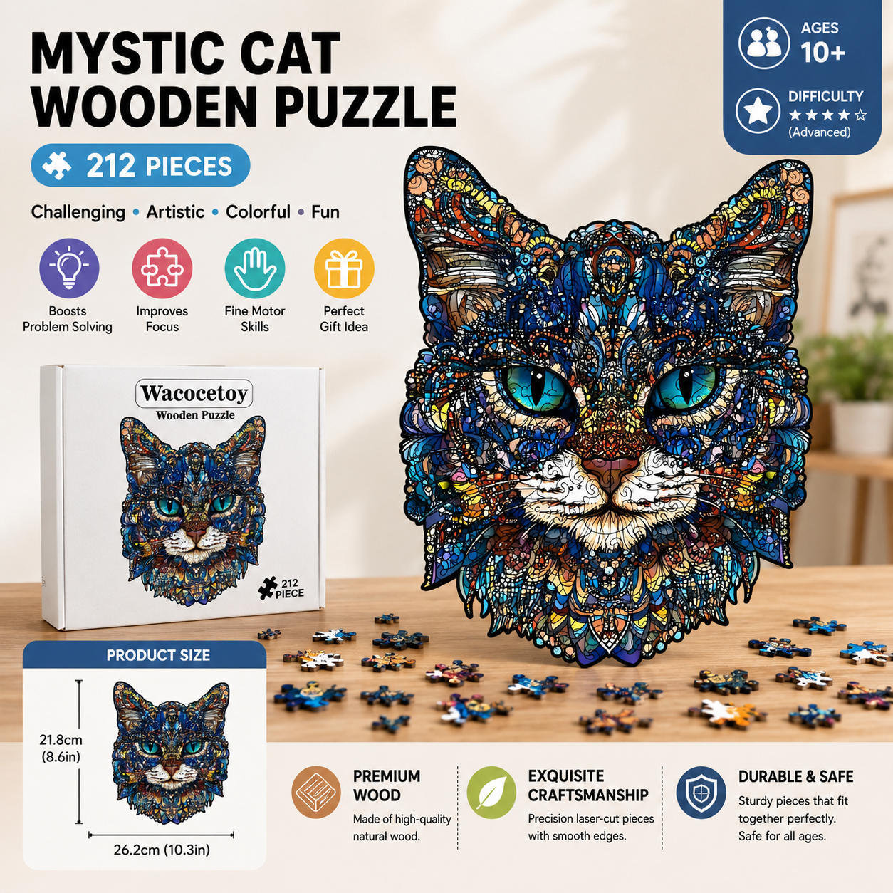Mystic Cat Wooden Puzzle – 212 Pieces | Premium Animal Jigsaw Puzzle