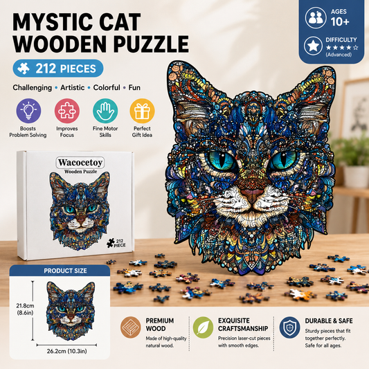 Mystic Cat Wooden Puzzle – 212 Pieces | Premium Animal Jigsaw Puzzle