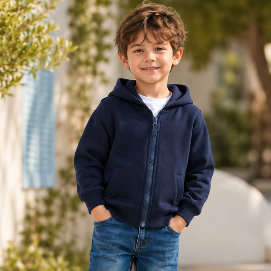 Boys Light Cotton Zip Hoodie – Navy Blue | Size 3-10y