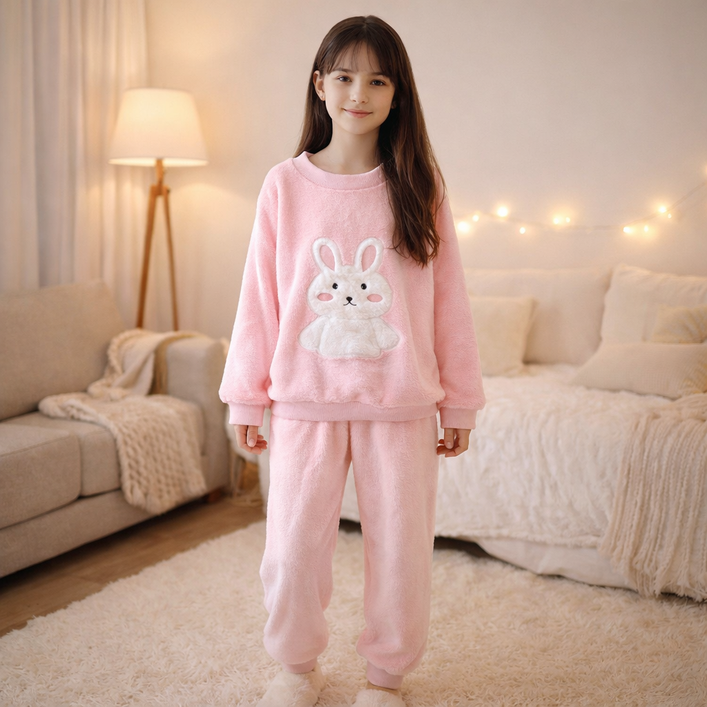 Warm Pyjama For Girls Pink Bunny Size 3-14y