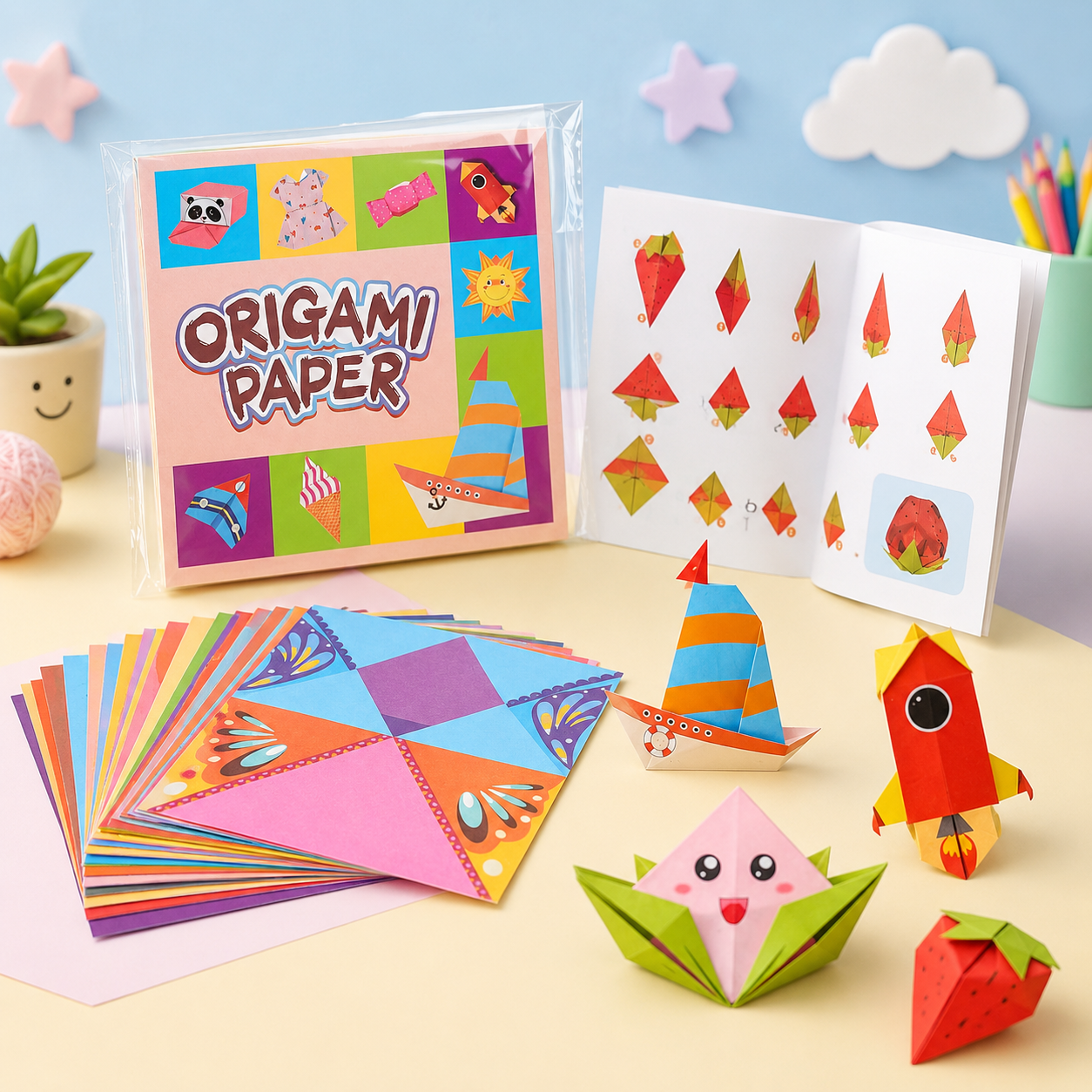 Kids Origami Paper Craft Kit – 54 Sheets & 27 Folding Designs with Instruction Book