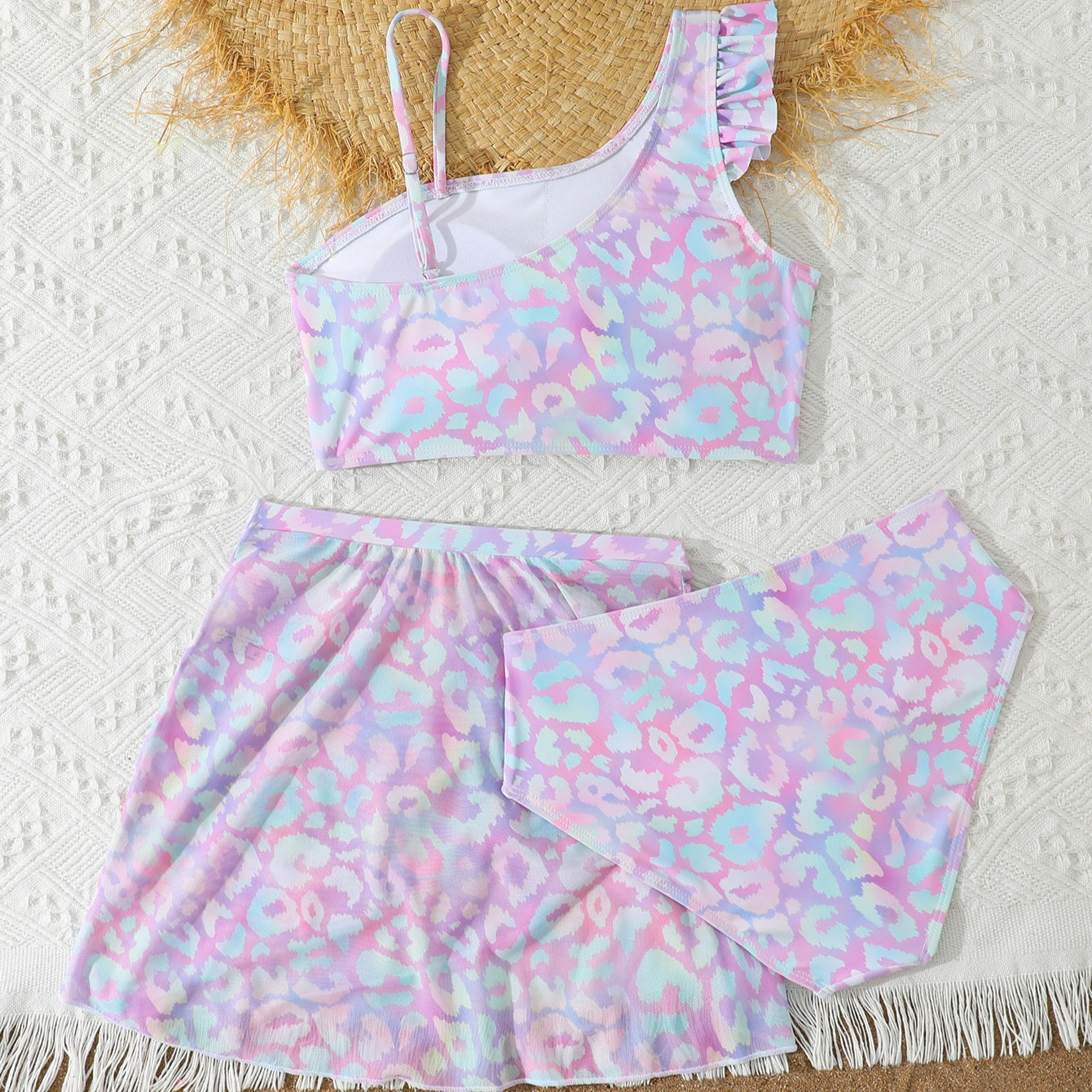 Girl 3-Piece Pastel Leopard Print Swimwear Set | Size 8-12y