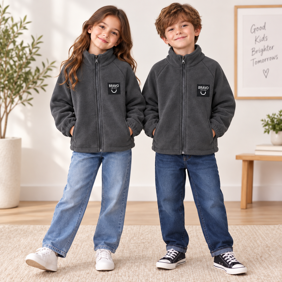 Kids Unisex Warm Fleece Zip-Up Jacket – Dark Grey | Size 1-14y