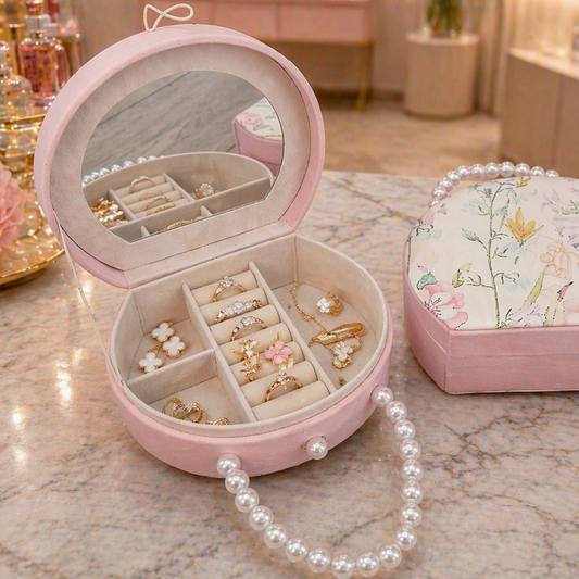 Elegant Jewelry Box with Mirror & Ring Organizer – Pink Floral Design