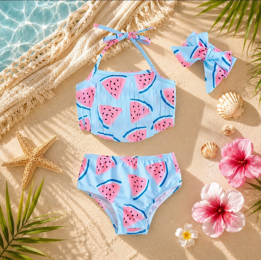 Watermelon Summer 3-Piece Girls Swimsuit Set | Size 6M-6Y
