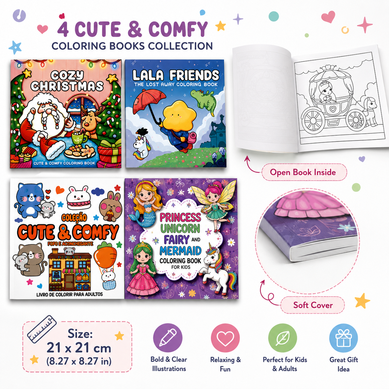 Cute & Comfy Coloring Books – 21 × 21 cm Softcover | 6+