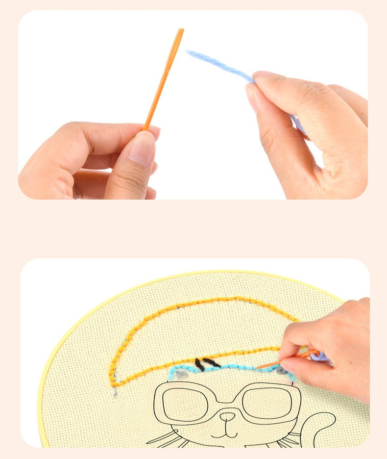 DIY Kids Embroidery Kit with Hoop, Stand & Colorful Yarn – Assorted Animal Designs