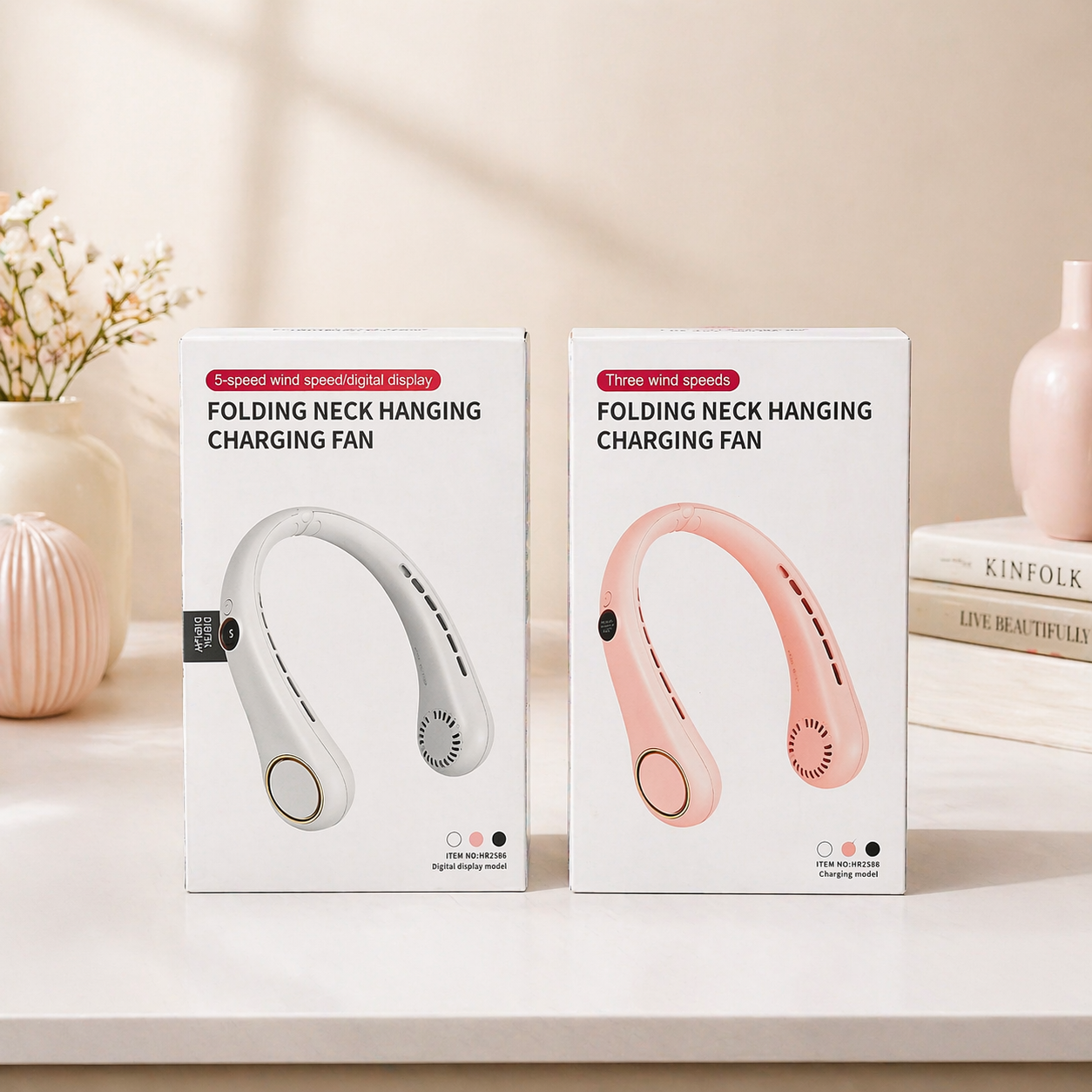 Folding Neck Hanging Charging Fan – White & Pink