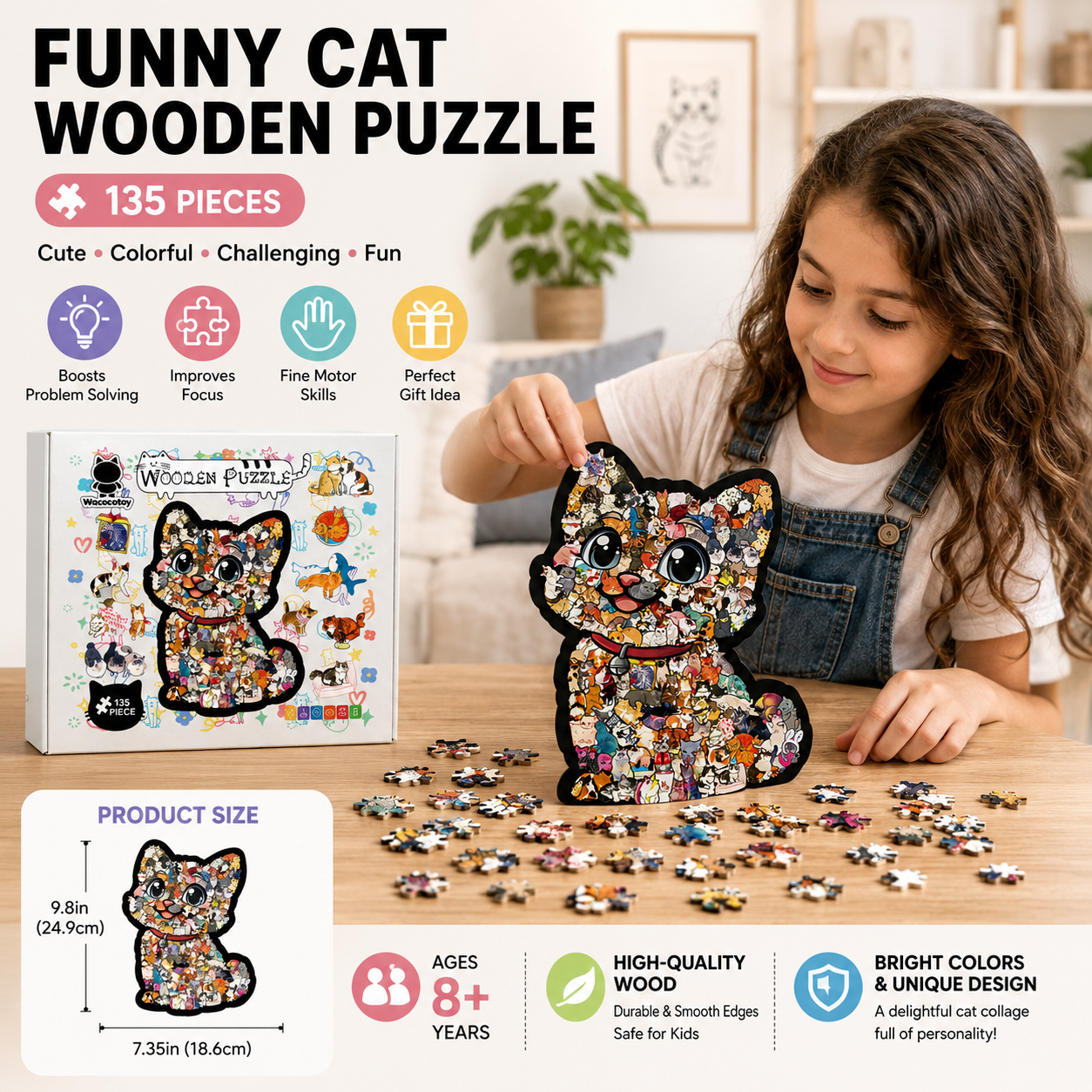 Funny Cat Wooden Puzzle – 135 Pieces | DIY Animal Jigsaw for Kids & Adults | 26002