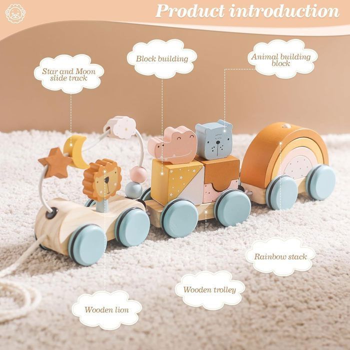 Montessori Wooden Pull Along Train Toy with Stacking Blocks