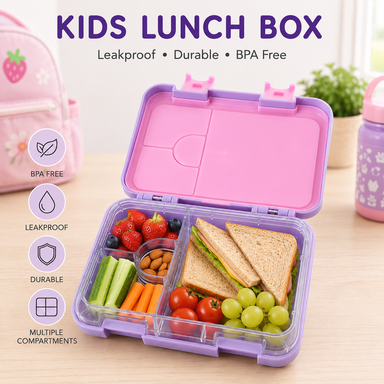 Premium Tritan Kids Lunch Box – Leakproof School Bento Box | Purple + Pink