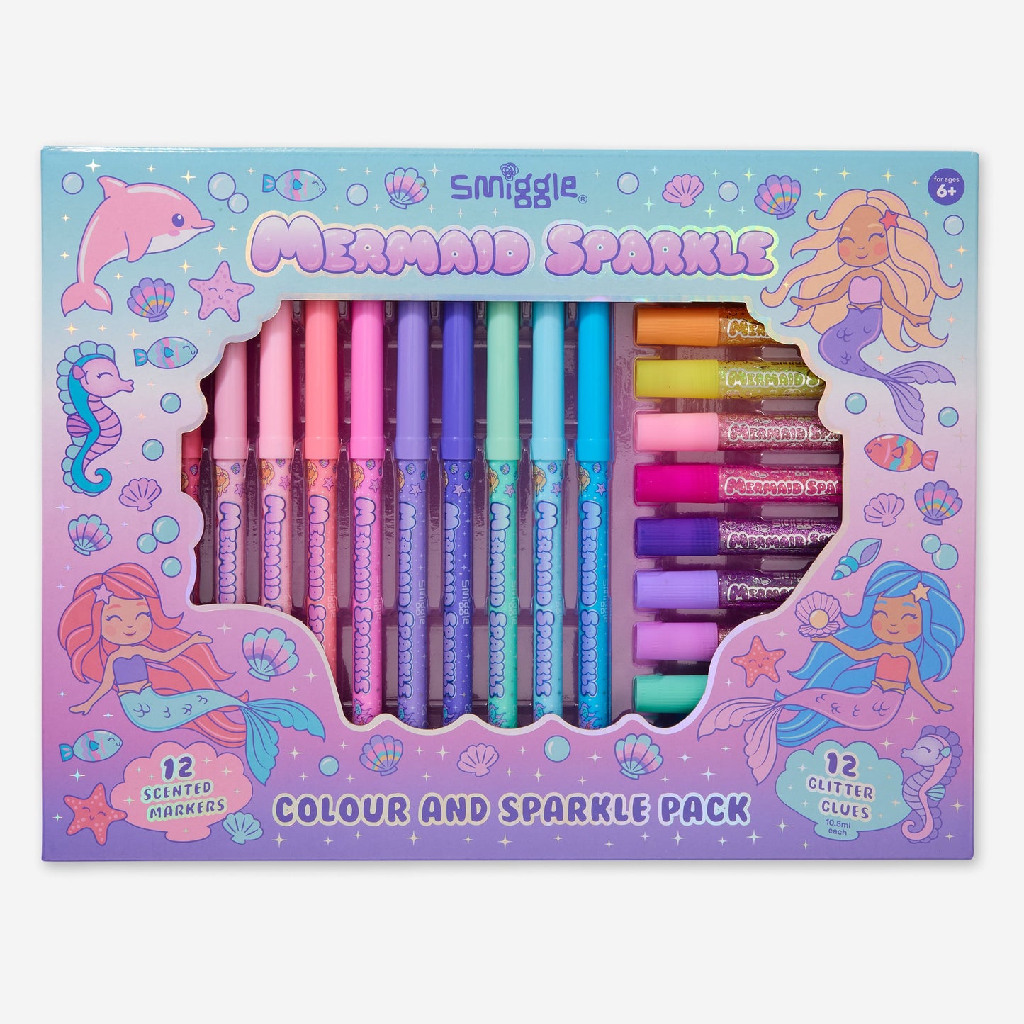 Mermaid Sparkle Color And Sparkle Pack-12 Glitter Glues & 12 Scented Markers