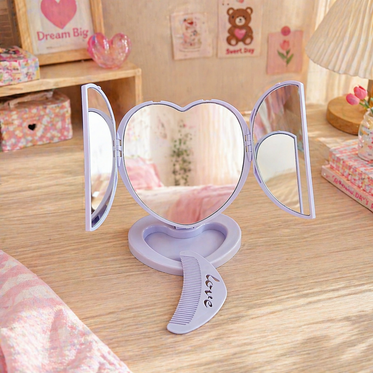 Heart-Shaped Folding Table Mirror with Comb