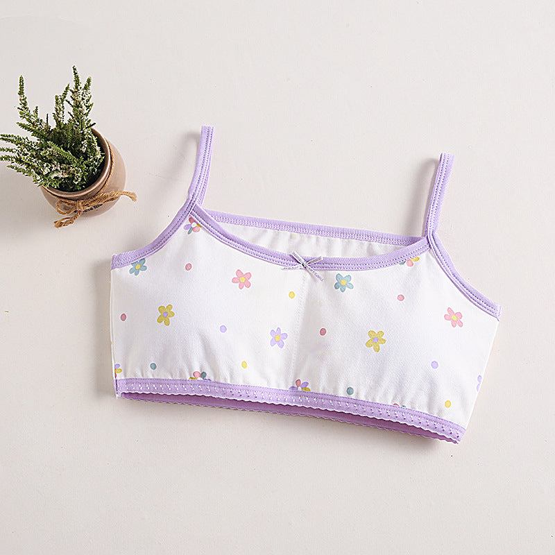 Girls Cotton Bras (4 pcs) – Thin Straps Purple Flower | Size 6–12Y