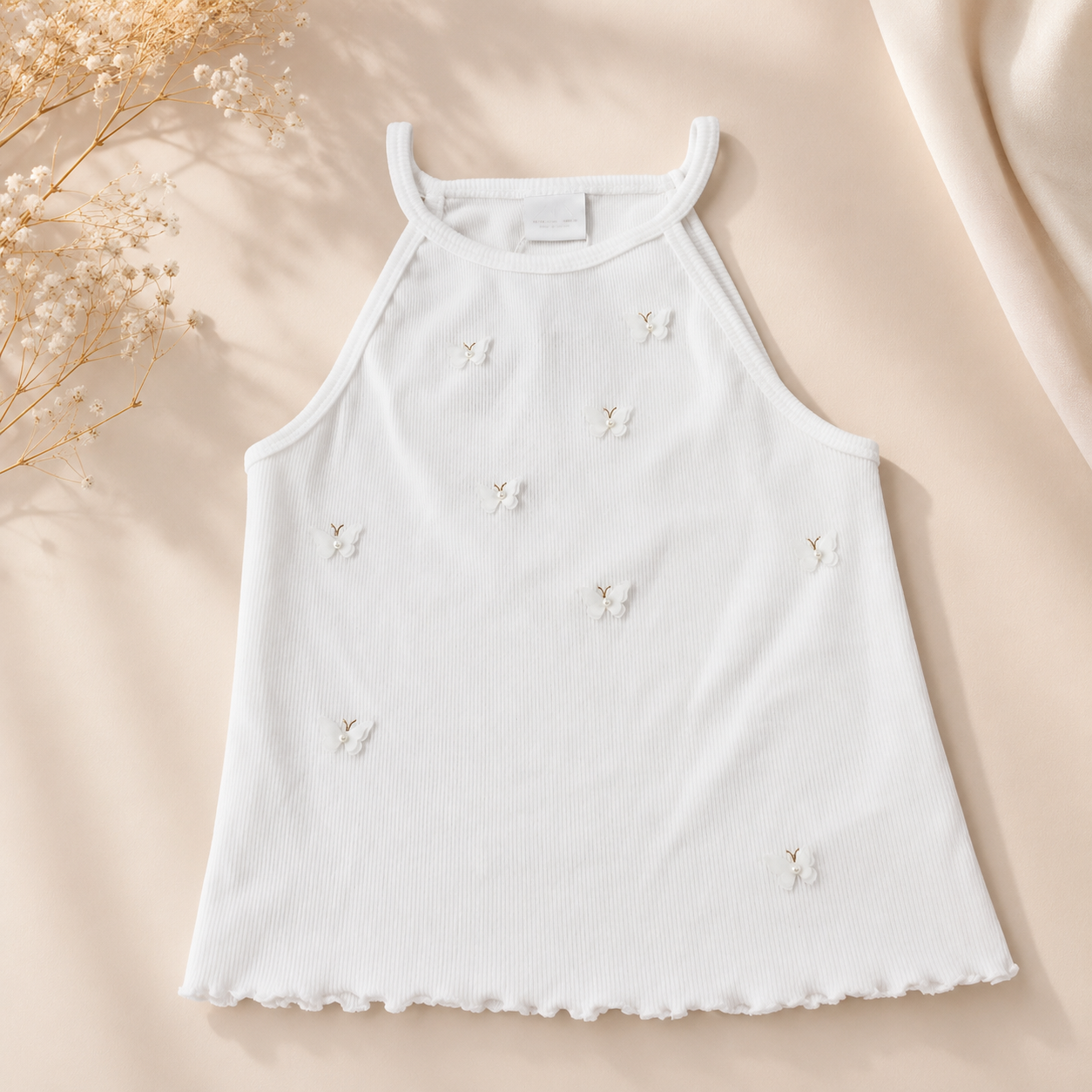Butterfly Ribbed Halter Top – White Brand Zara Size 13-14y