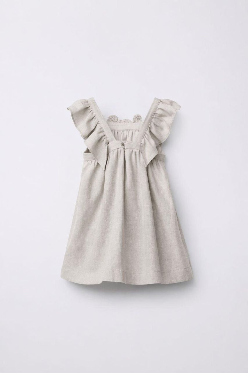 Girls Beige Linen Flower Dress | Size 2-8y