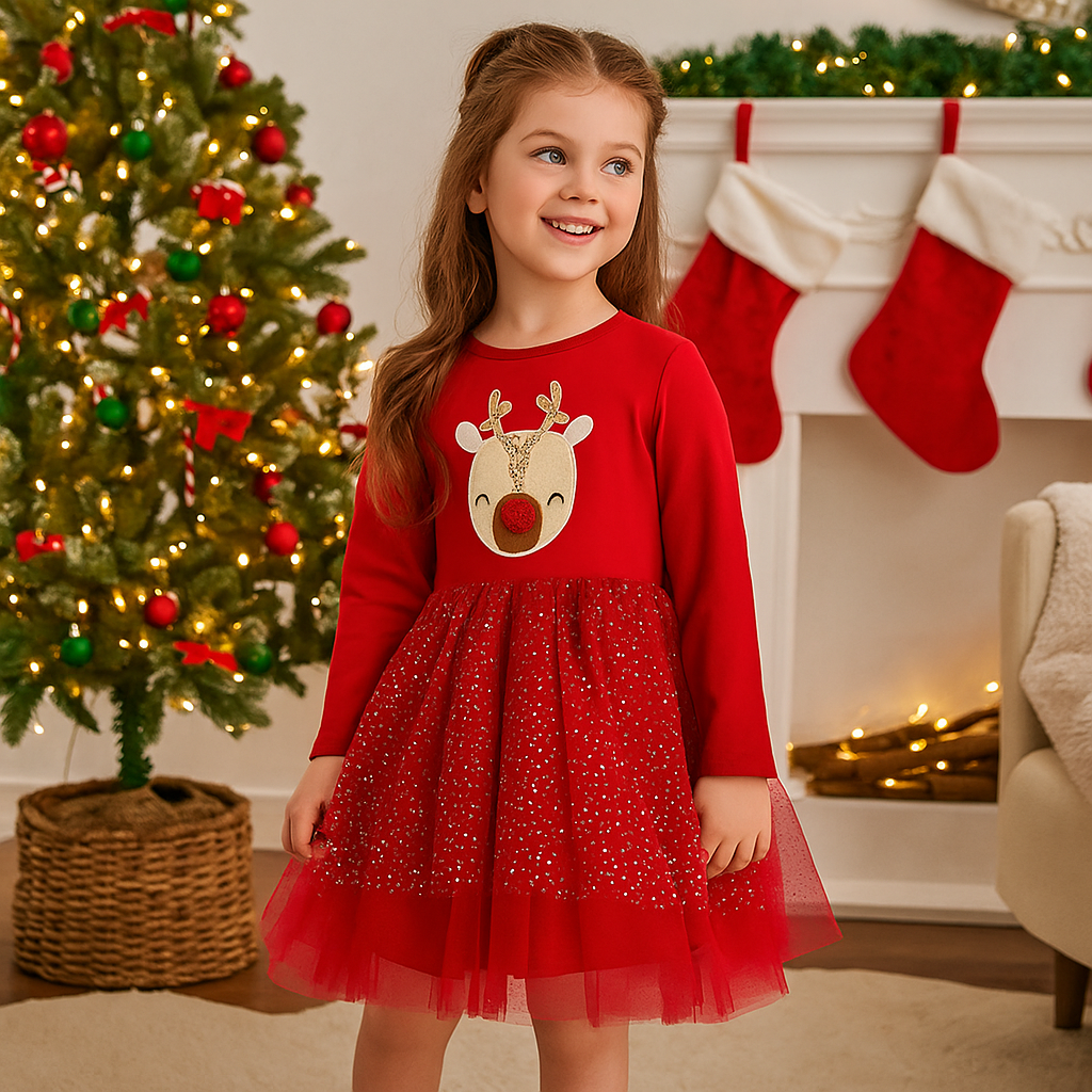 Christmas Dress Deer Design  Age 5-7y