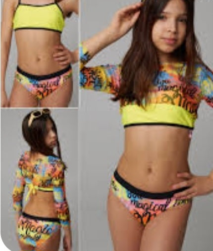 Girls 3pcs Swimwear Set – Yellow Stripes | Size 5–12Y