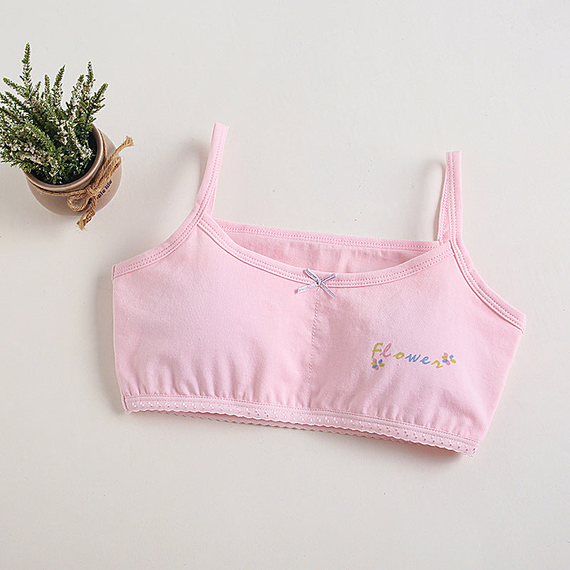 Girls Cotton Bras (4 pcs) – Thin Straps Pink Flower | Size 6–12Y