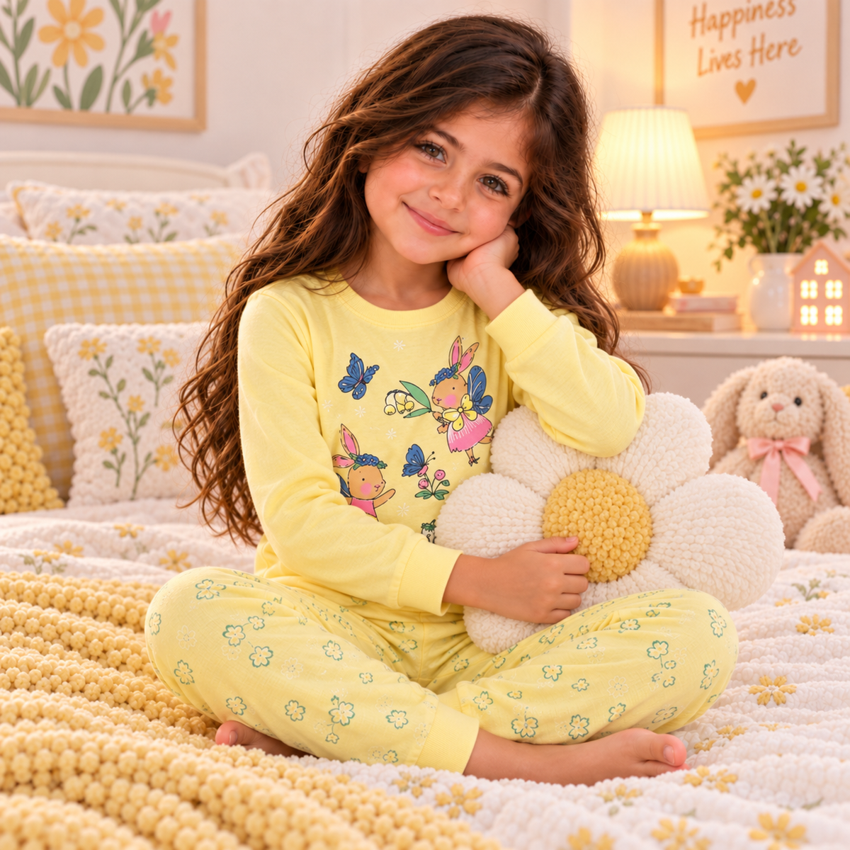 Girls’ 100% Cotton Bunny & Butterfly Pajama Set | 3–10Y