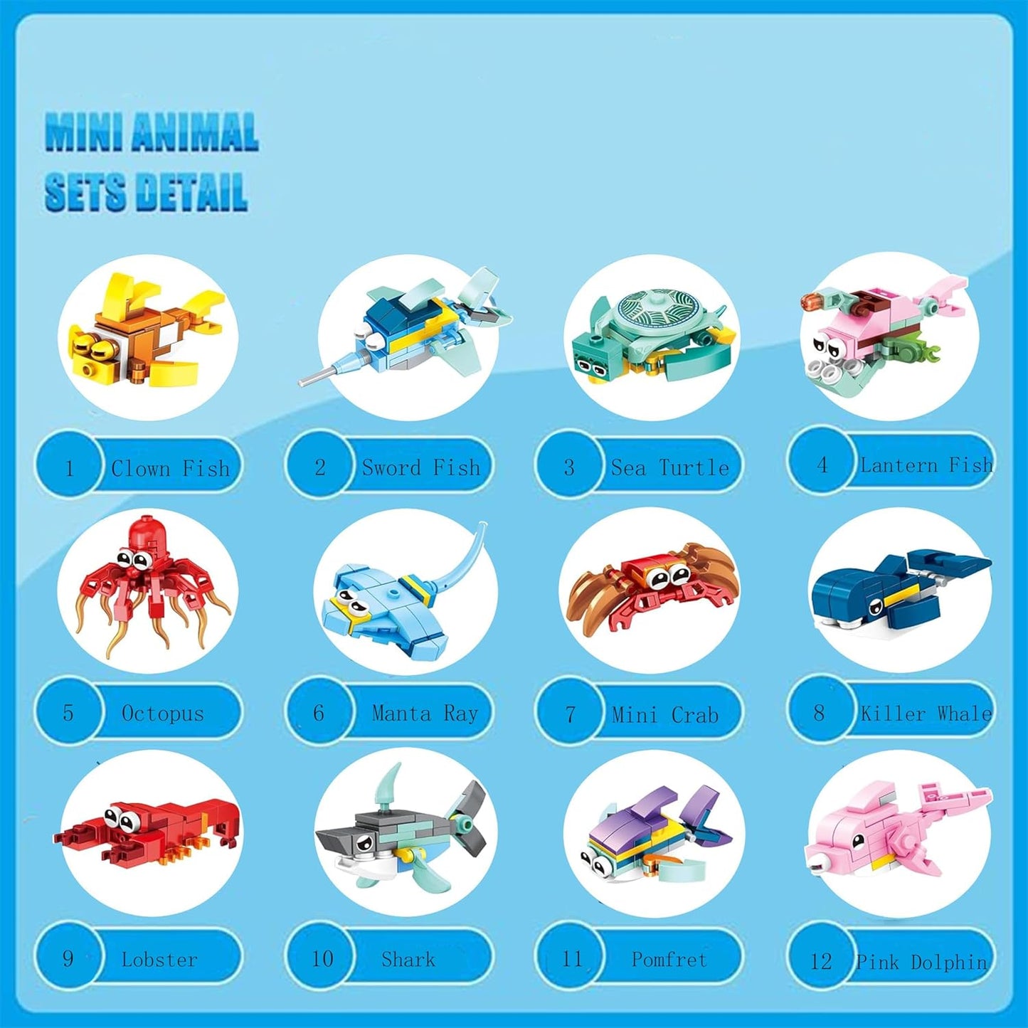 Creative Expert Mini Ocean Animal Model Building Block12 In 1 Shark Octopus Crab Bricks Educational Toys Birthday Gift for Kid