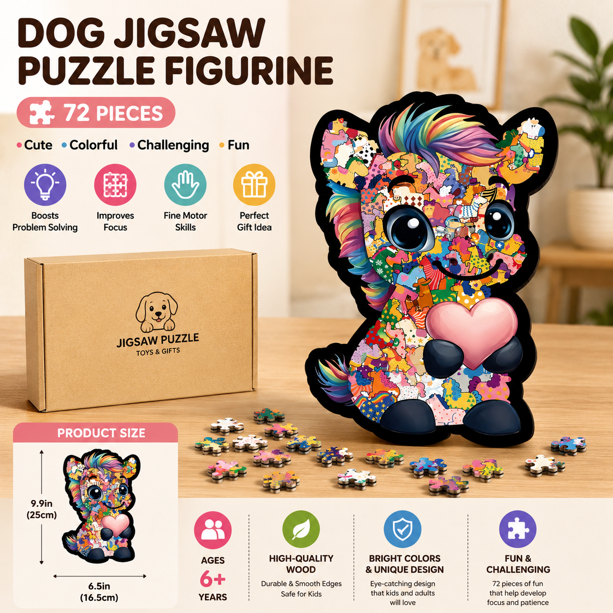 Cute Dog Wooden Puzzle – 72 Pieces | Colorful Animal Jigsaw Puzzle | 26004
