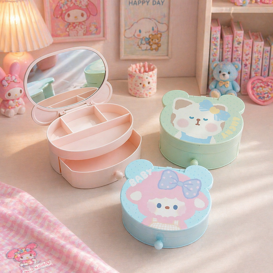 Cute Bear Mirror Storage Box – Pastel Color