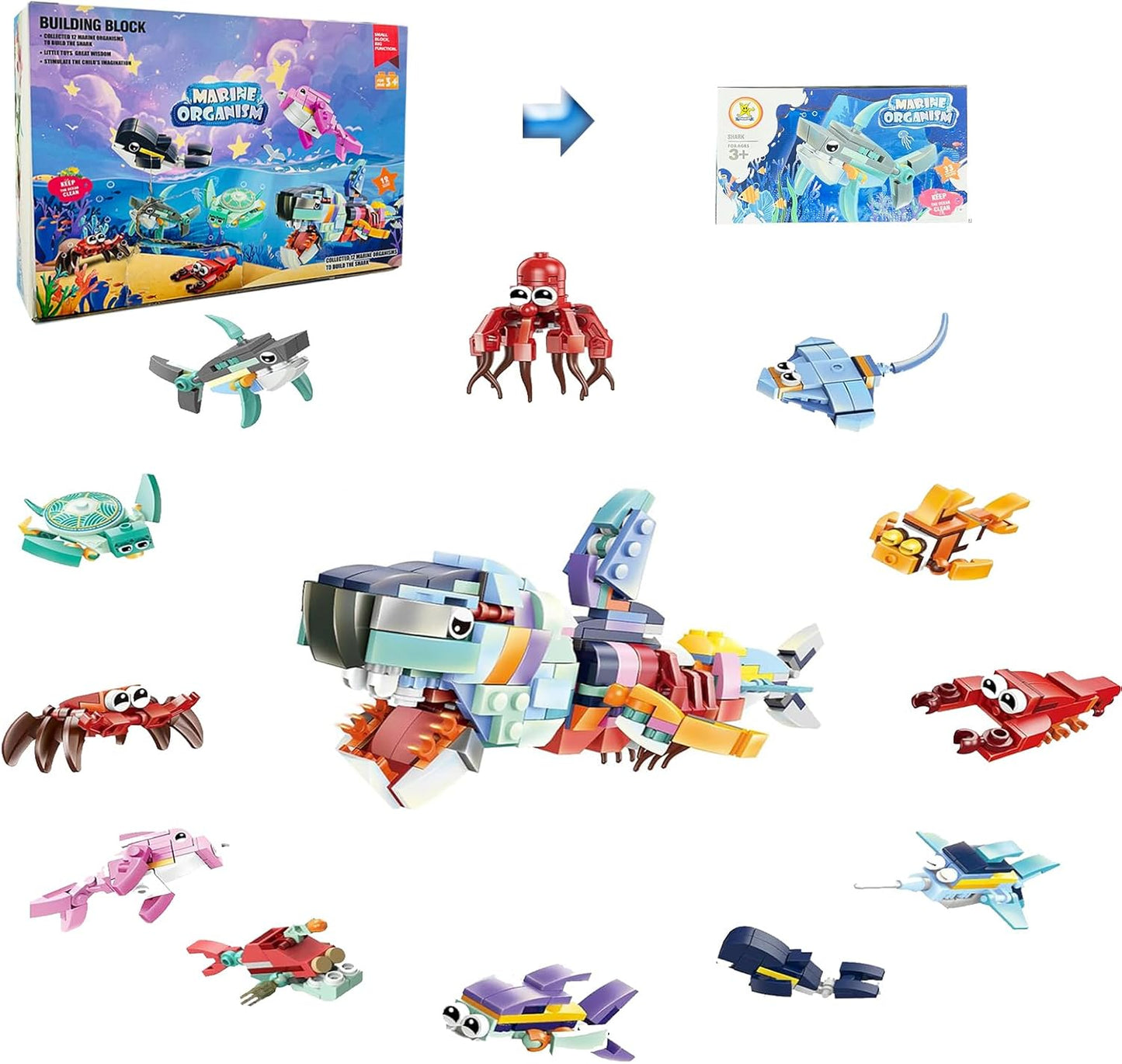 Creative Expert Mini Ocean Animal Model Building Block12 In 1 Shark Octopus Crab Bricks Educational Toys Birthday Gift for Kid