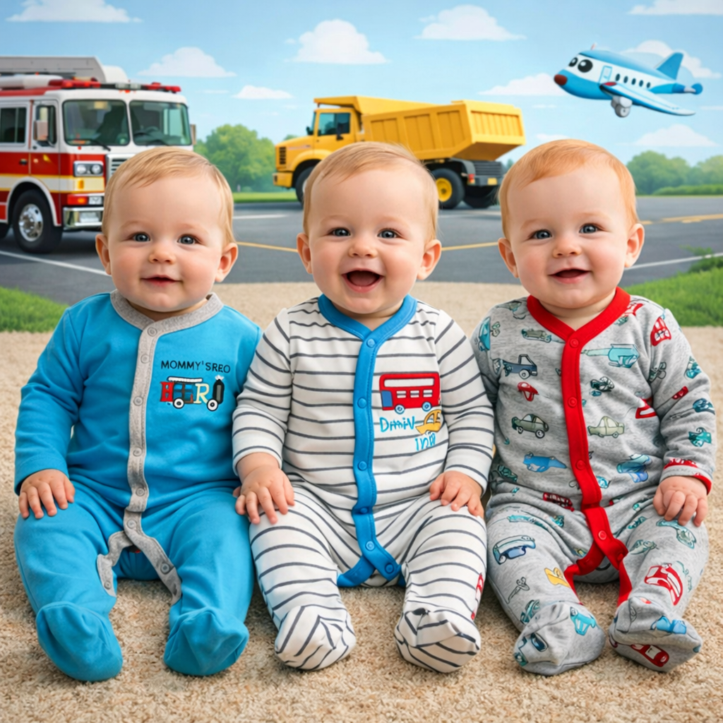 Set Of 3 Pcs Boys Babywear Vehicles Design Size 3-12m Cotton