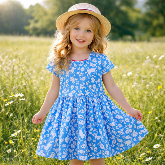 Blue Dress Cotton For Girls Flower Animals Design (5y)