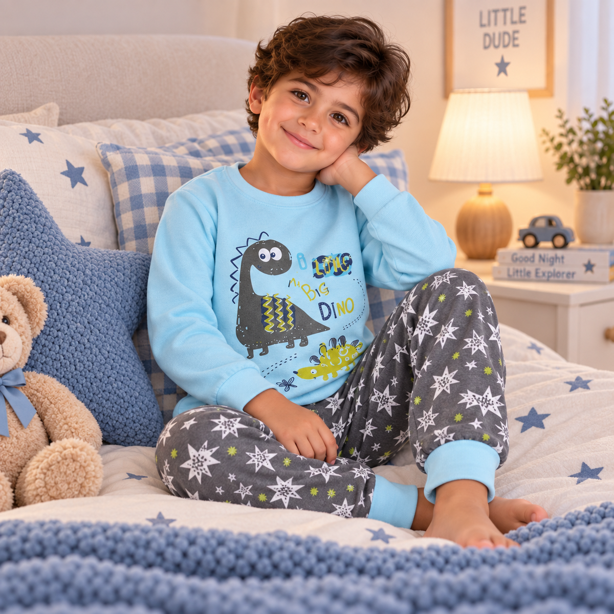Boys’ 100% Cotton Dinosaur Pajama Set | 0–6Y