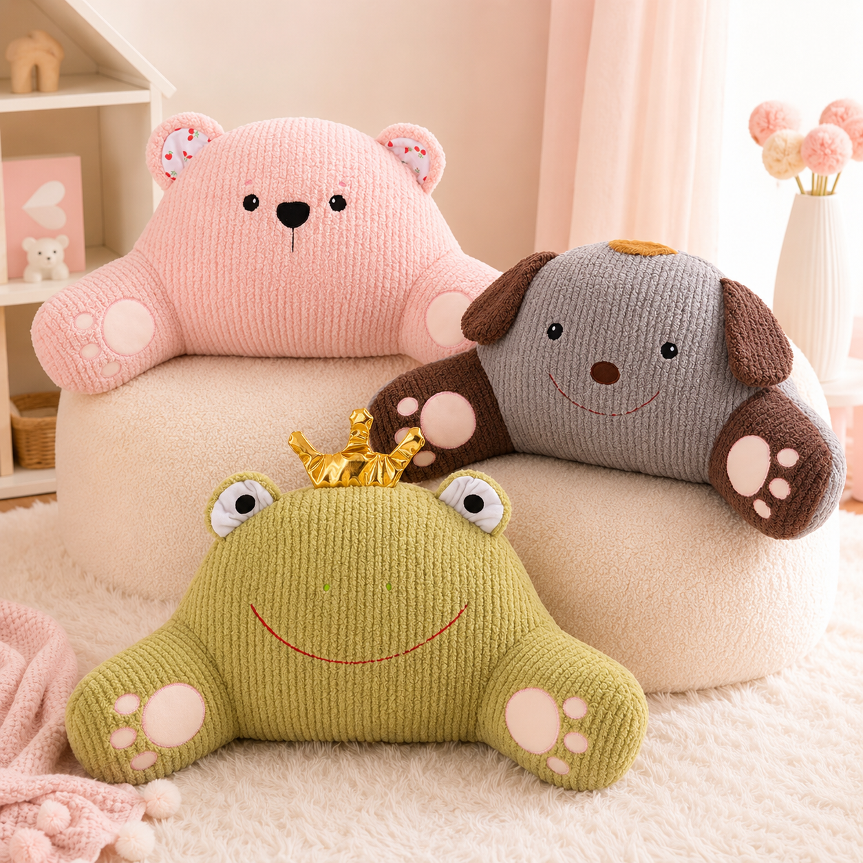 Cute Animal Plush Backrest Cushion – Bear, Puppy & Frog Designs