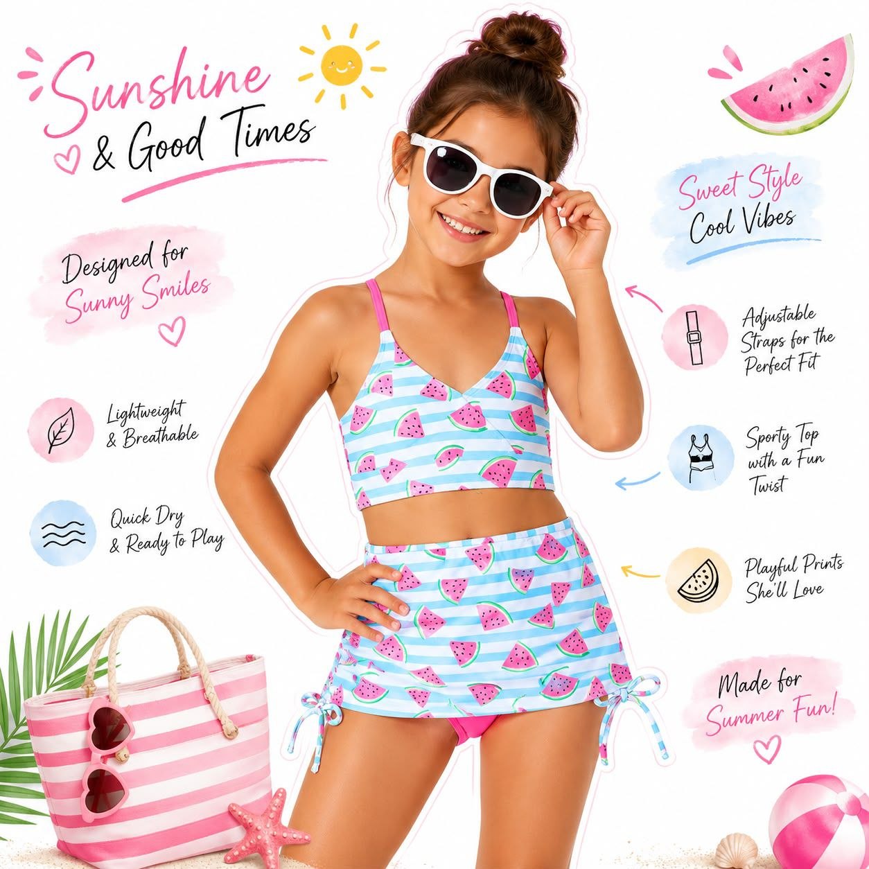 Girl 3-Piece Watermelon Print Swimwear Set | Size 8-12y