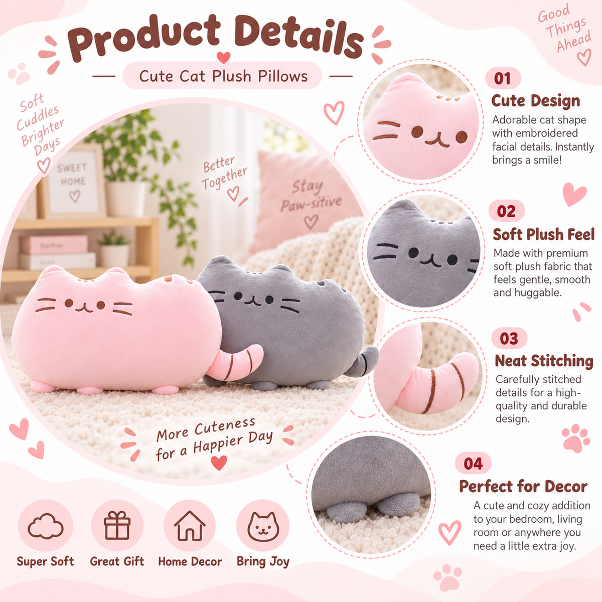 Cute Cat Plush Pillow –  45cm