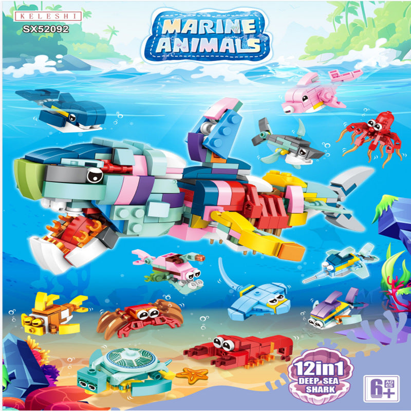 Creative Expert Mini Ocean Animal Model Building Block12 In 1 Shark Octopus Crab Bricks Educational Toys Birthday Gift for Kid