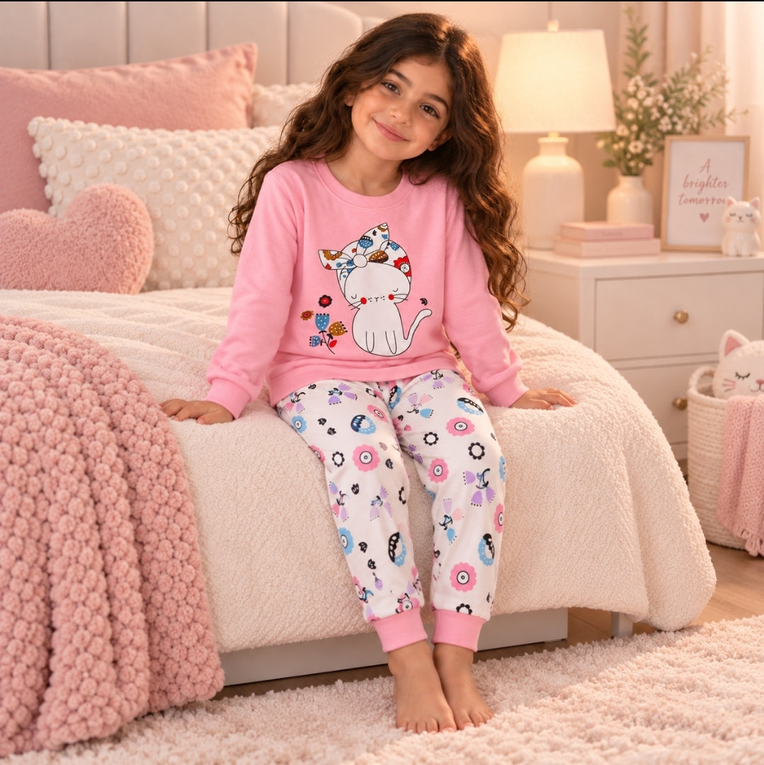 Girls’ 100% Cotton Kitty Pajama Set | 1–6Y