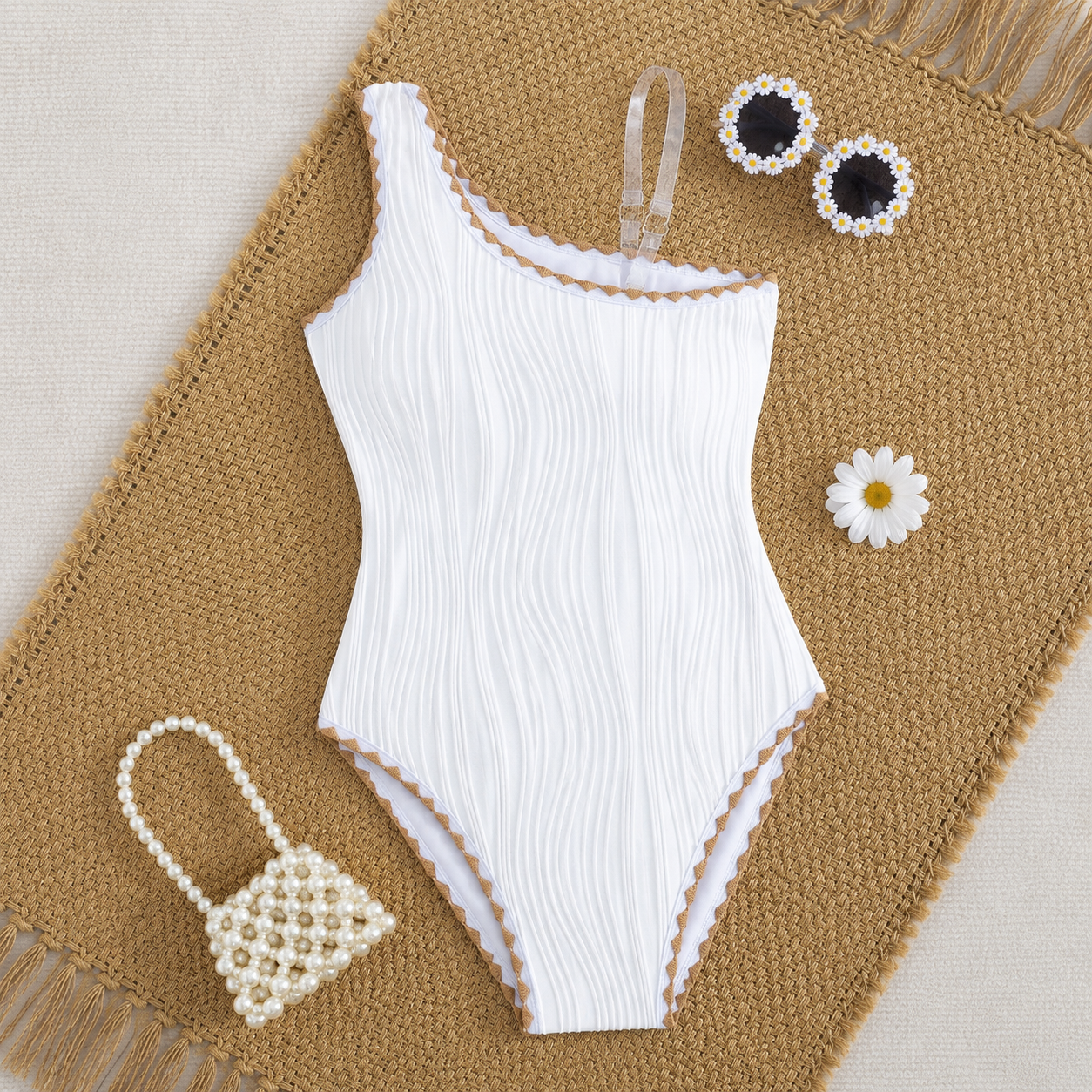 Elegant One-Shoulder White Swimsuit With Pads | Size 9