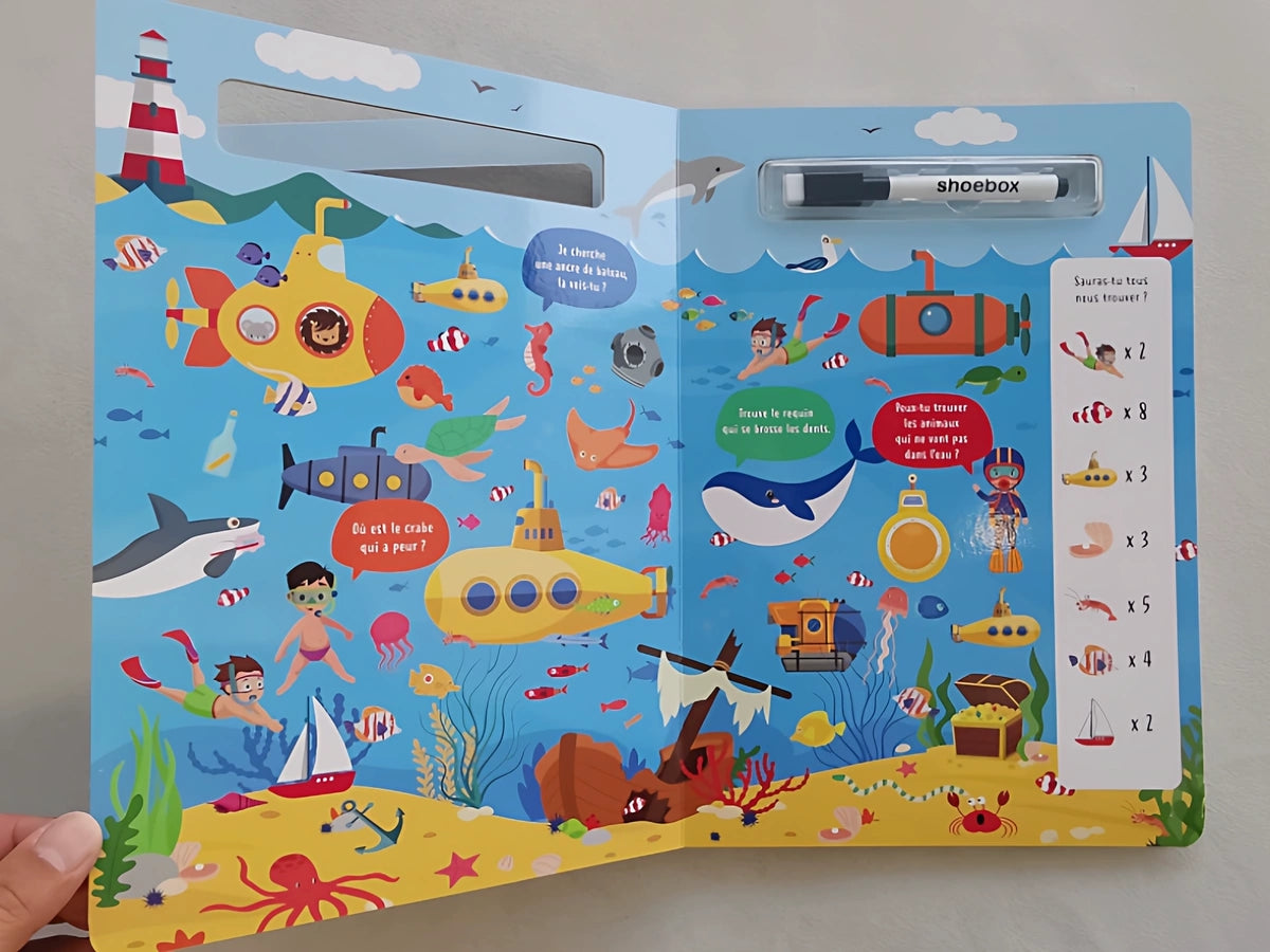" Cherche Et Trouve " Livre-Ardoise Avec Marqueur Effaçable - French Book | Hard Cover | 3+